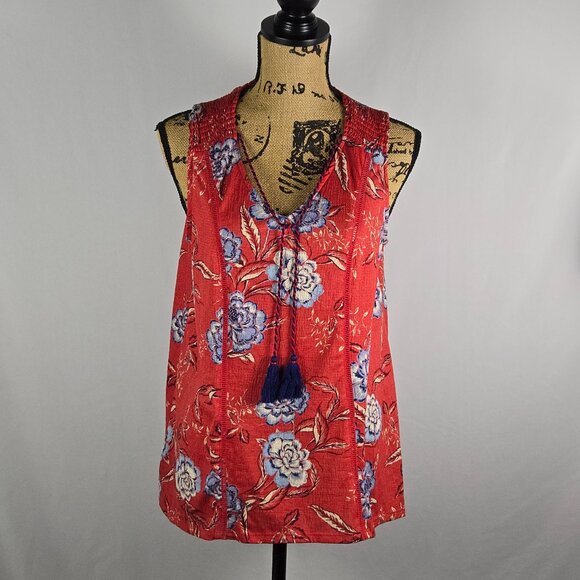 Knox Rose Red Floral Tassel Boho Smocked Sleeveless Blouse Women’s M Cottagecore - Picture 1 of 12